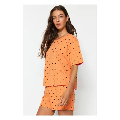 Trendyol Orange-Multicolored 100% Cotton Polka Dot and Heart Knitted Pajama Set