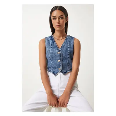 Happiness İstanbul Women's Dark Blue V-Neck Crop Denim Vest