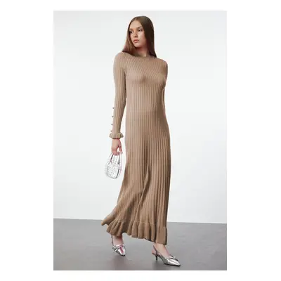 Trendyol Beige Frilled Skirt Rib Knit Dress