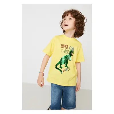 Trendyol Yellow Boy Dinosaur Sequined Crew Neck Knitted T-Shirt