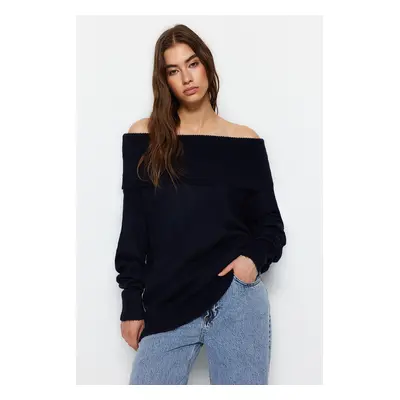 Trendyol Navy Blue puha textúrájú Carmen galléros kötöttáru pulóver