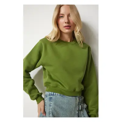 Happiness İstanbul Women's Peanut Green Raised Crop Sweatshirt