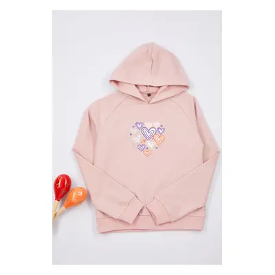 Trendyol Dusty Rose Girl Heart Patterned Hooded Knitted Sweatshirt