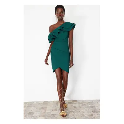 Trendyol Emerald Green Single Sleeve Ruffled Woven Short Elegant Evening Dress