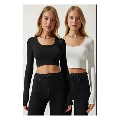 Happiness İstanbul Women's White Black U-Neck Ribbed 2-Pack Crop Knitwear Blouse