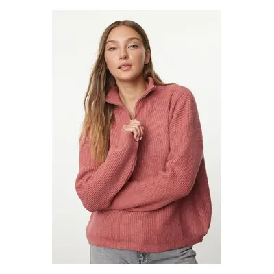 Trendyol Dusty Rose Soft Texture Zippered Knitwear Sweater