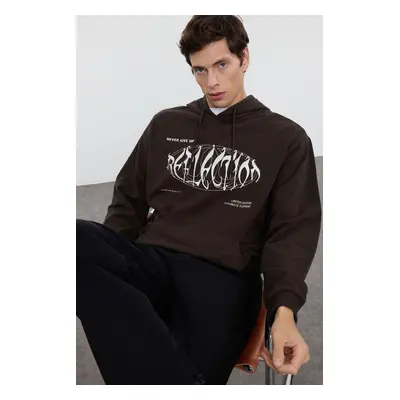 Trendyol Brown Oversize/Wide Cut Front Embroidered Printed Fleece Inside Hooded Sweatshirt