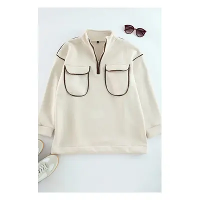 Trendyol Beige Zipper and Pocket Detailed Sweatshirt