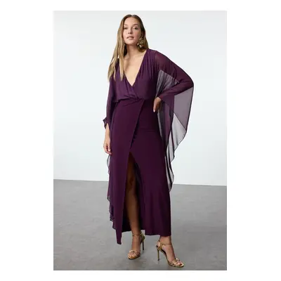 Trendyol Plum Sleeve Detailed Chiffon Long Elegant Evening Dress