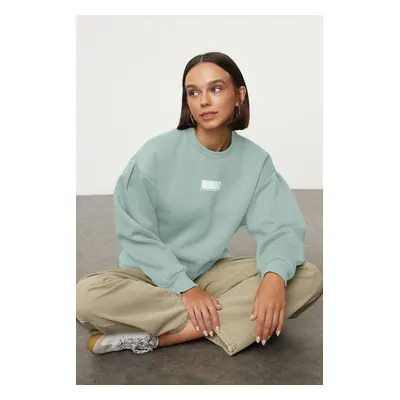 Trendyol Mint Thick Polar Fleece Minimal Printed Balloon Sleeve Knitted Sweatshirt