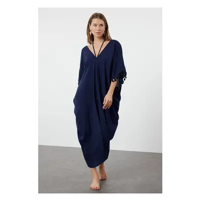 Trendyol Navy Blue Wide Fit Midi Woven Tassel Beach Dress