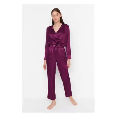 Trendyol Purple Double Breasted Lapel Detail Satin Woven Pajama Set