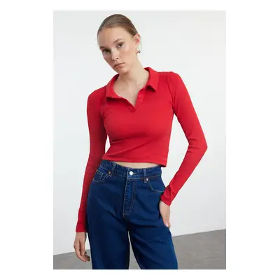 Trendyol Red Fitted Polo Neck Ribbed Stretchy Knitted Blouse