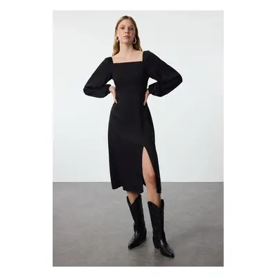 Trendyol Black Square Neck Balloon Sleeve A Cut Midi Belmando Fabric Woven Dress