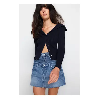 Trendyol Navy Blue Crop Turndown nyakú kötöttáru Cardigan