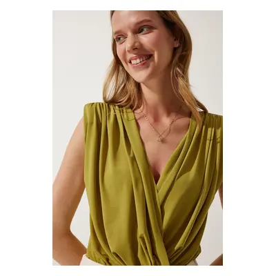 Happiness İstanbul Women's Oil Green Wrapover Collar Wadding Snap Knitted Blouse