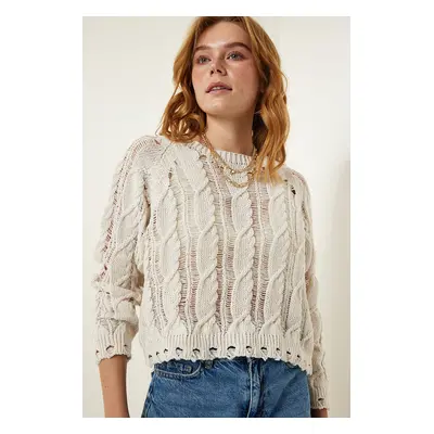 Happiness İstanbul Women's Cream Openwork Seasonal Knitwear Sweater