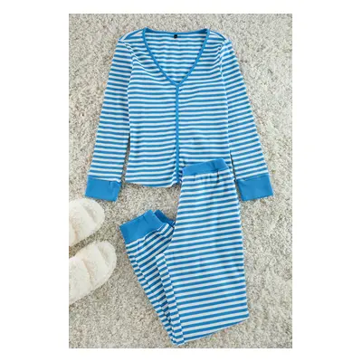 Trendyol Light Blue Striped Cuff and Piping Detailed Tshirt-Jogger Knitted Pajama Set