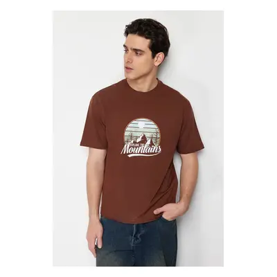 Trendyol Brown Oversize/Wide Cut Landscape-Text Printed 100% Cotton T-Shirt