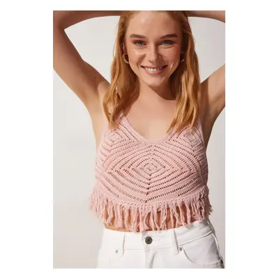 Happiness İstanbul Women's Powder Fringed Openwork Crop Knitwear Blouse