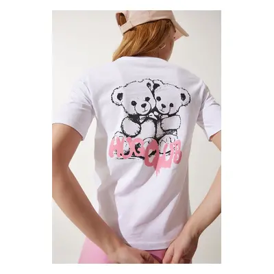 Happiness İstanbul Women's White Teddy Bear Print Knitted T-Shirt