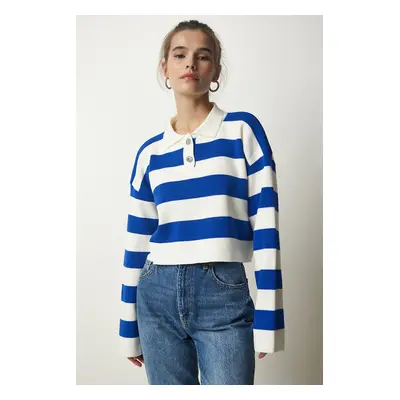 Happiness İstanbul Women's White Blue Stylish Buttoned Collar Striped Crop Knitwear Sweater