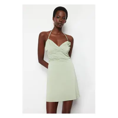 Trendyol Light Green A-Cut Floral Detailed Knitted Short Elegant Evening Dress