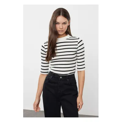 Trendyol Black*001 Stand Collar 3/4 Sleeve Striped Regular/Normal Fit Knitted Blouse