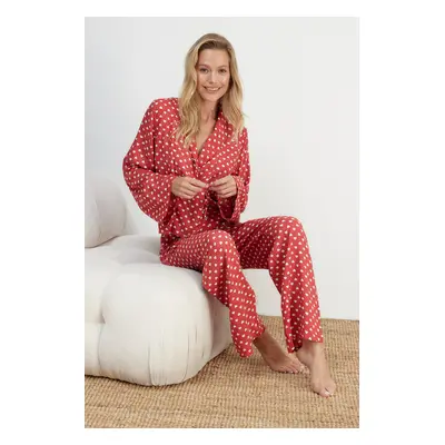 Trendyol Dusty Rose Heart Tie Detail Viscose Woven Pajama Set