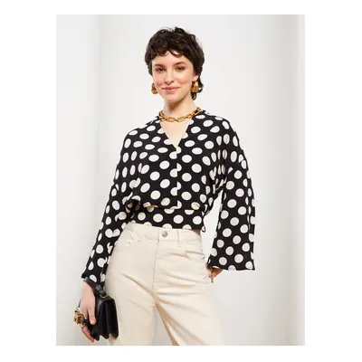 LC Waikiki Women's V-Neck Polka Dot Long Sleeve Viscose Blouse