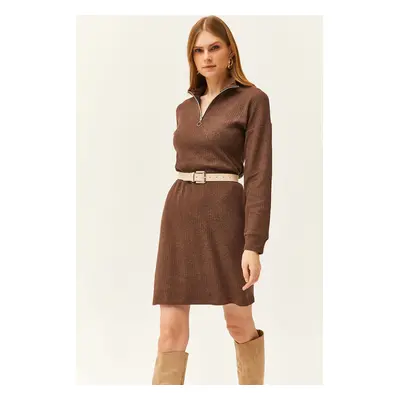 Olalook Women's Brown High Collar Zippered Casual Dress