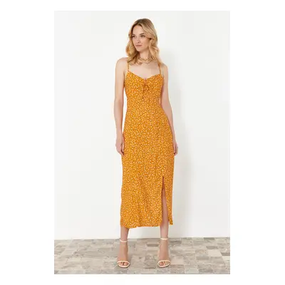 Trendyol Orange Floral Patterned Straight Cut Slit Detail Viscose Midi Woven Dress