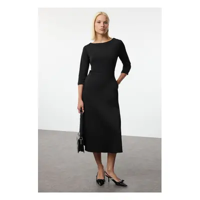 Trendyol Black Waist Opening Fabric Mixed Midi Woven Dress