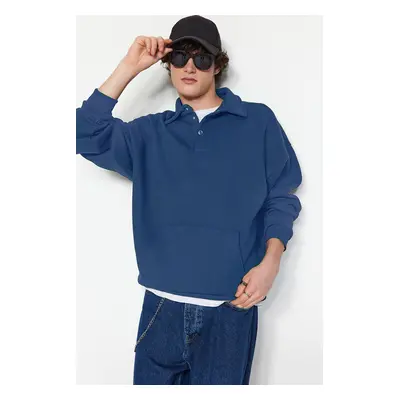 Trendyol Basic Indigo Oversize/Wide Cut Shirt Collar Pocket Fleece Thick Sweatshirt