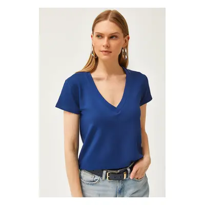 Olalook Women's Navy Blue Deep V-Neck Modal Button T-Shirt