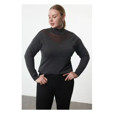 Trendyol Curve Anthracite Tulle Detailed Stand Collar Knitwear Sweater