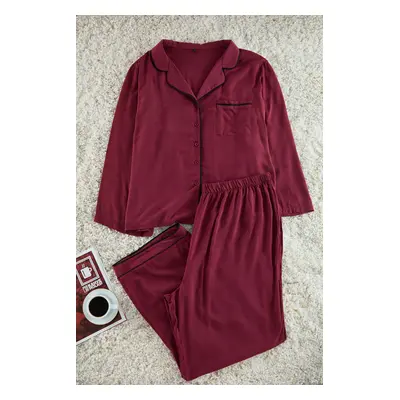 Trendyol Curve Burgundy Piped Shirt Collar Woven Pajama Set