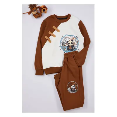 Trendyol Brown Boy's Teddy Bear Printed Knitted Bottom-Top Set