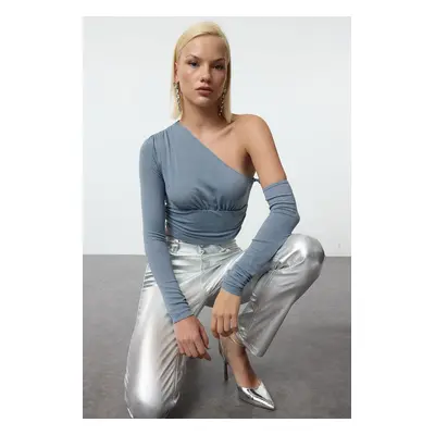 Trendyol Blue Crop One Shoulder Glittery Knitted Bustier