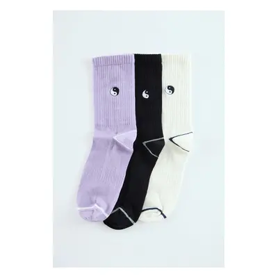 Trendyol Lilac Unisex 3-Pack Ying-Yang Embroidered Cotton Striped College-Tennis-Medium Socks