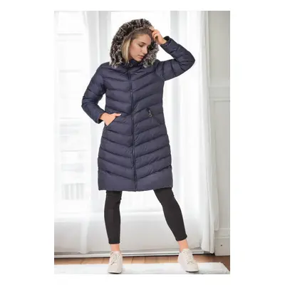 Z6690 DEWBERRY FUR HOODED WOMEN'S COAT-NAVY-1