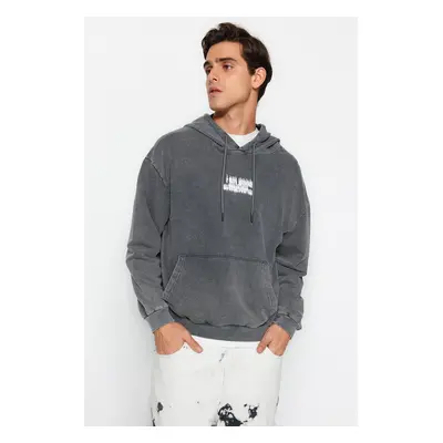 Trendyol Anthracite Oversize/Wide Cut Hooded Faded Effect Back Printed Sweatshirt