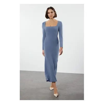 Trendyol Blue Flounce Square Neck Fitted/Fits Body Maxi Stretch Knit Dress