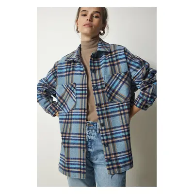 Happiness İstanbul Women's Light Blue Patterned Oversize Cachet Lumberjack Shirt