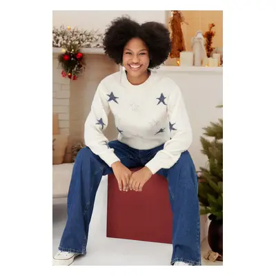 Trendyol Ecru Christmas Themed Crop Soft Textured Knit Sweater