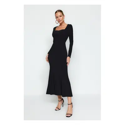 Trendyol Black Flounced Square Neck Fitted Maxi Stretchy Knitted Dress