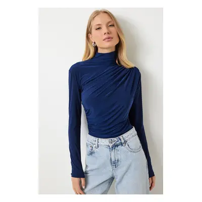 Happiness İstanbul Women's Cobalt Blue Ruffle Detailed High Collar Sandy Blouse