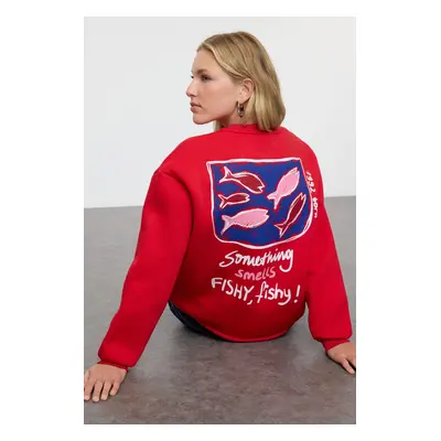 Trendyol Red Printed Oversize/Wide Pattern Crew Neck Thick Polar Fleece Knitted Sweatshirt