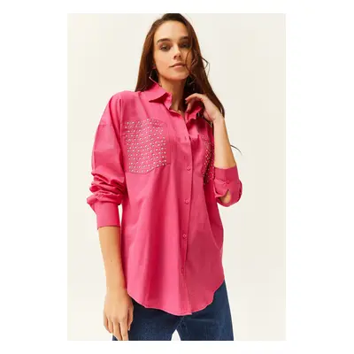 Olalook Women's Fuchsia Pocket & Staple Detailed Oversize Shirt