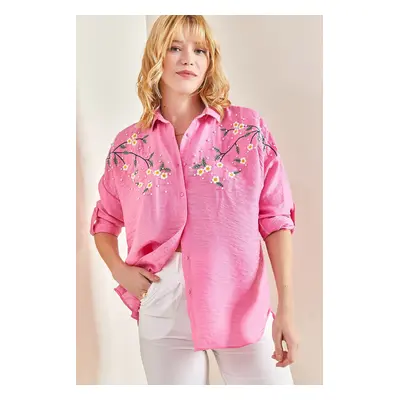 Bianco Lucci Women's Daisy Embroidered Sleeve Fold Ayrobin Linen Shirt